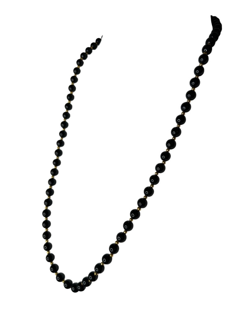 Black Round Beaded 18" Necklace Goldtone Spacers Lobster Clasp Strand String