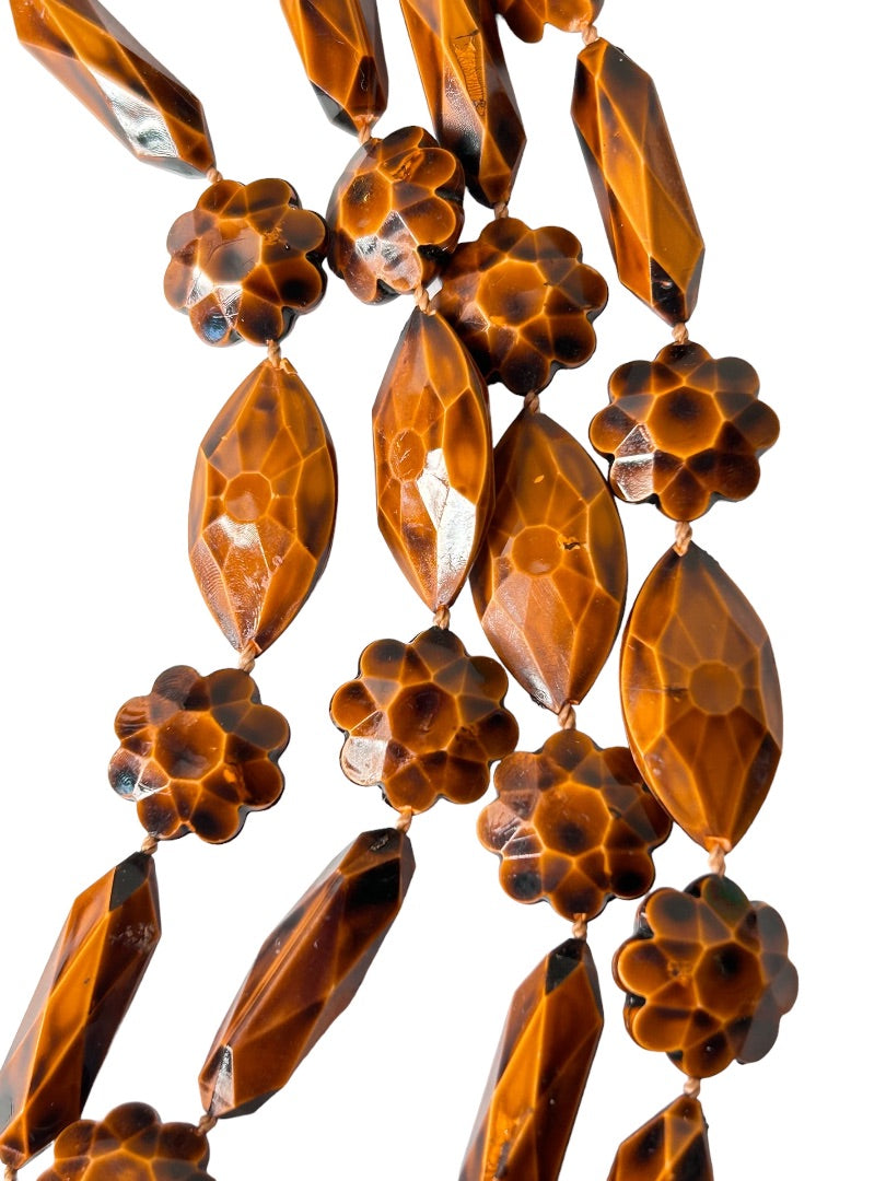 Plastic Wood Look Floral Faceted Beaded Necklace 29" Strand Boho Festival 1970s Vintage