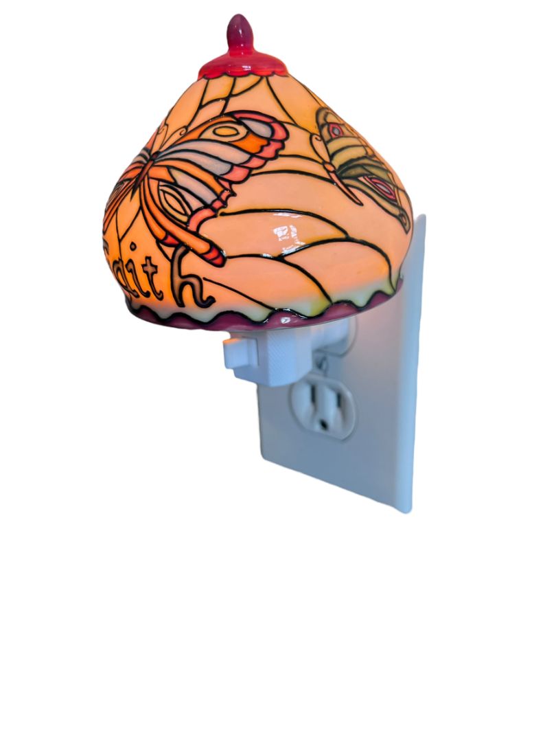 Butterfly Faith Night Light Russ Ceramic Faux Stained Glass Lamp Shade NEW