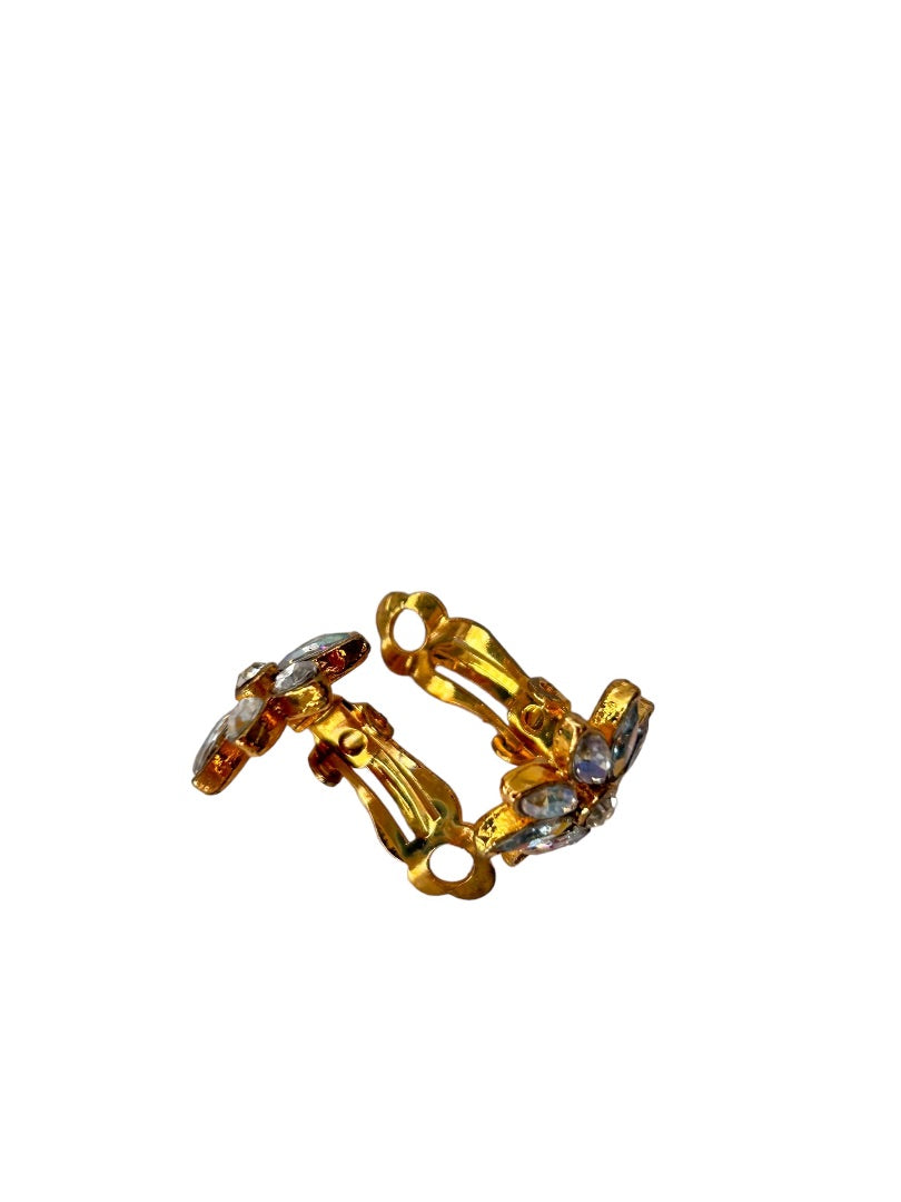 1990s Clip On Clear Crystal Flower Earrings 3/4" Diameter Non-Pierced Goldtone