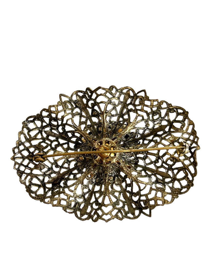Vintage Oval Lacy Filigree Brass Color Brooch Statement Piece 2" x 2 3/4"