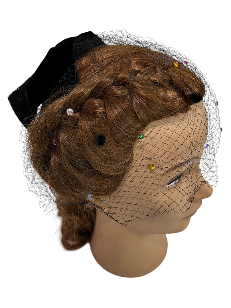 Black Velvet Hair Bow Veil Netting 1950s Vintage Bejeweled