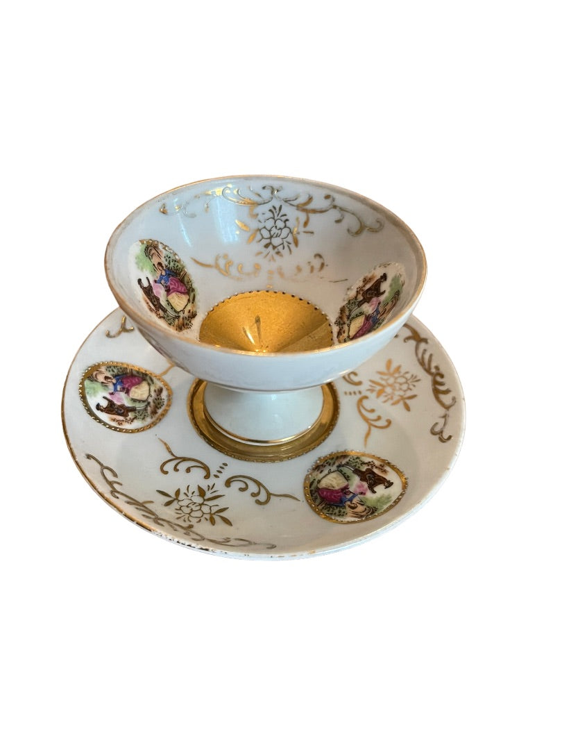 Porcelain with Gold Trim Footed Demitasse Cup and Saucer Set Maruei Courting Couple