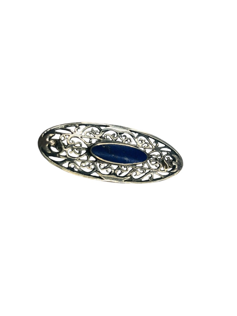 Signed Boma Sterling Silver Lapis Lazuli Fiigree Brooch Pin Vintage 1.75"