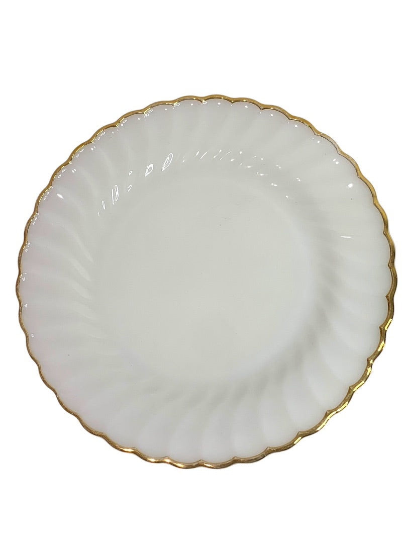 Vintage Anchor Hocking White Swirl Dinner Plate Gold Trim 10 Inch