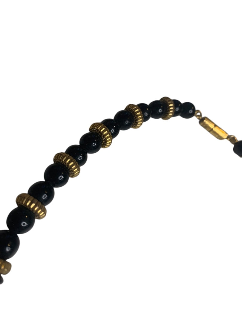 Vintage 23 Inch Beaded Necklace Red Black Goldtone Spacer Barrel Clasp