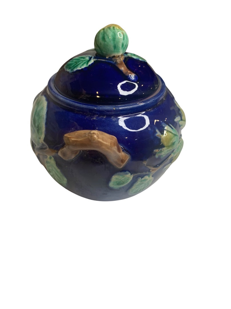 Foster Filbert Majolica Antique Sugar Bowl Lidded Damaged Cobalt Blue