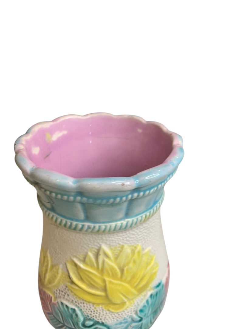 Antique Majolica Water Lily Pond Vase 5.5 Inch High Repaired Vivid