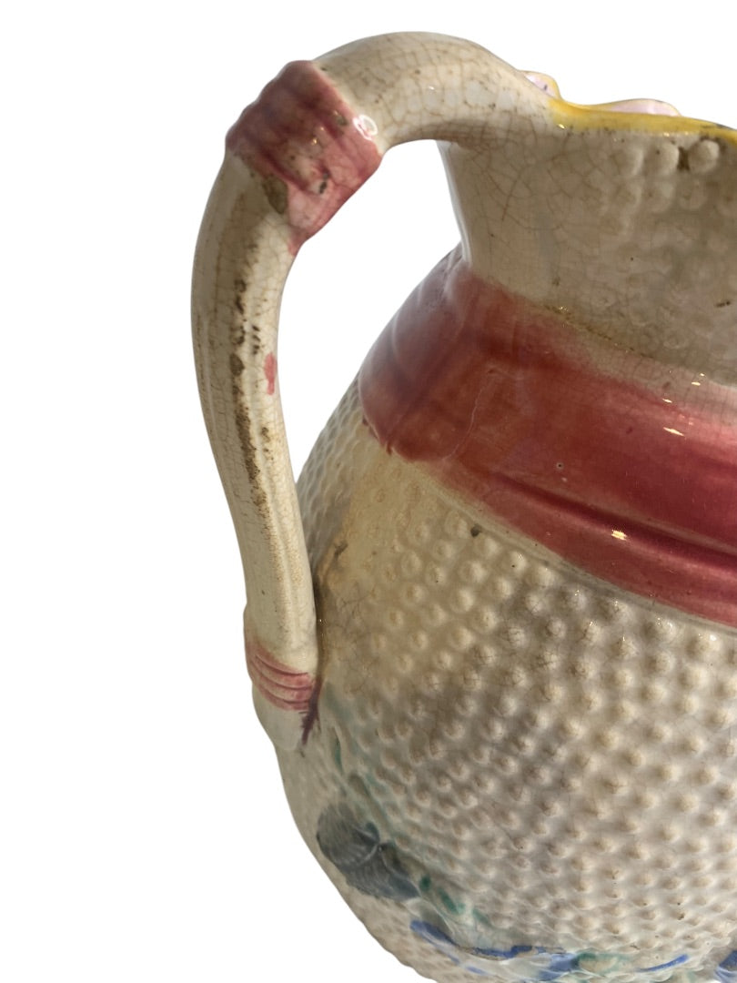 Majolica Pitcher Ribbon Pattern Antique 7.5 Inch Wildflower Ribbon