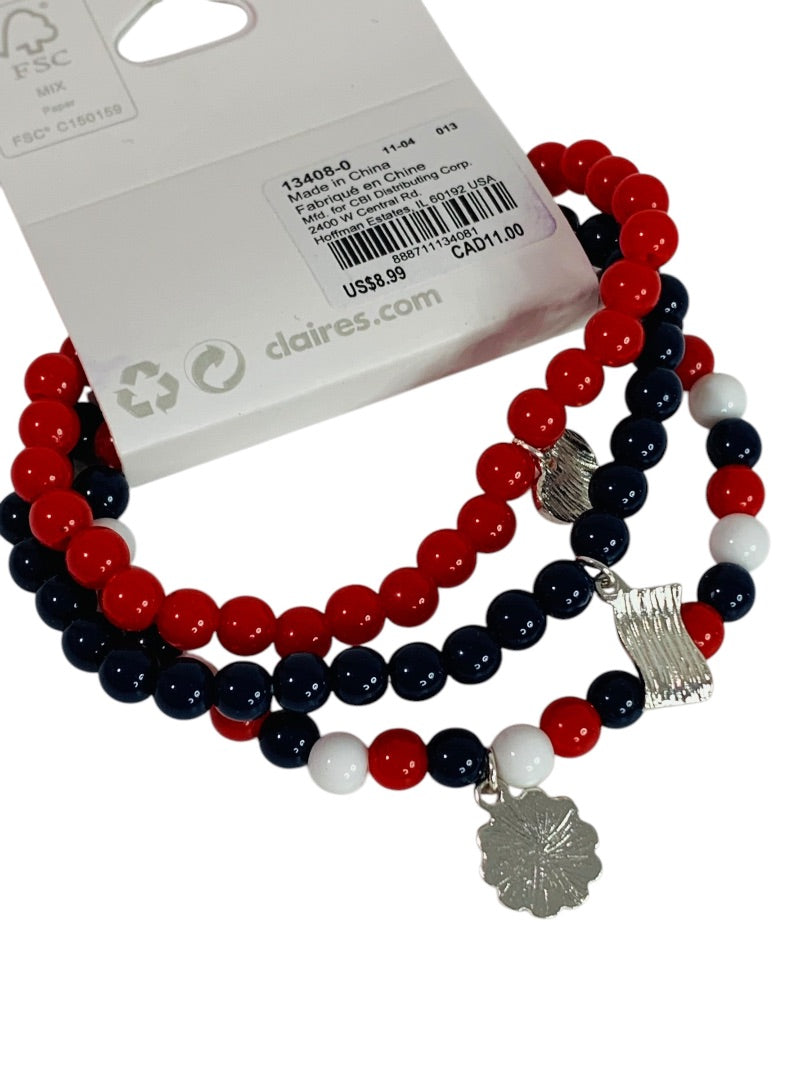Claires New Set of 3 Stretch Bracelets USA Patriotic Red White Blue