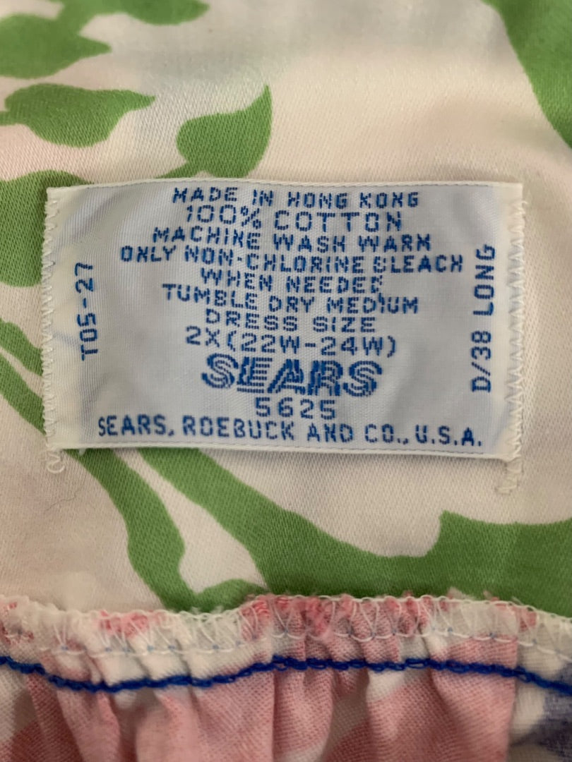 2X Sears 1970s Floral Pink Blue Dress Short Sleeve Cotton Shift