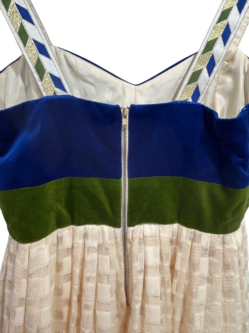Size 6 Madchen Dress Velvet Colorblock Cream Skirt Blue Green Bodice