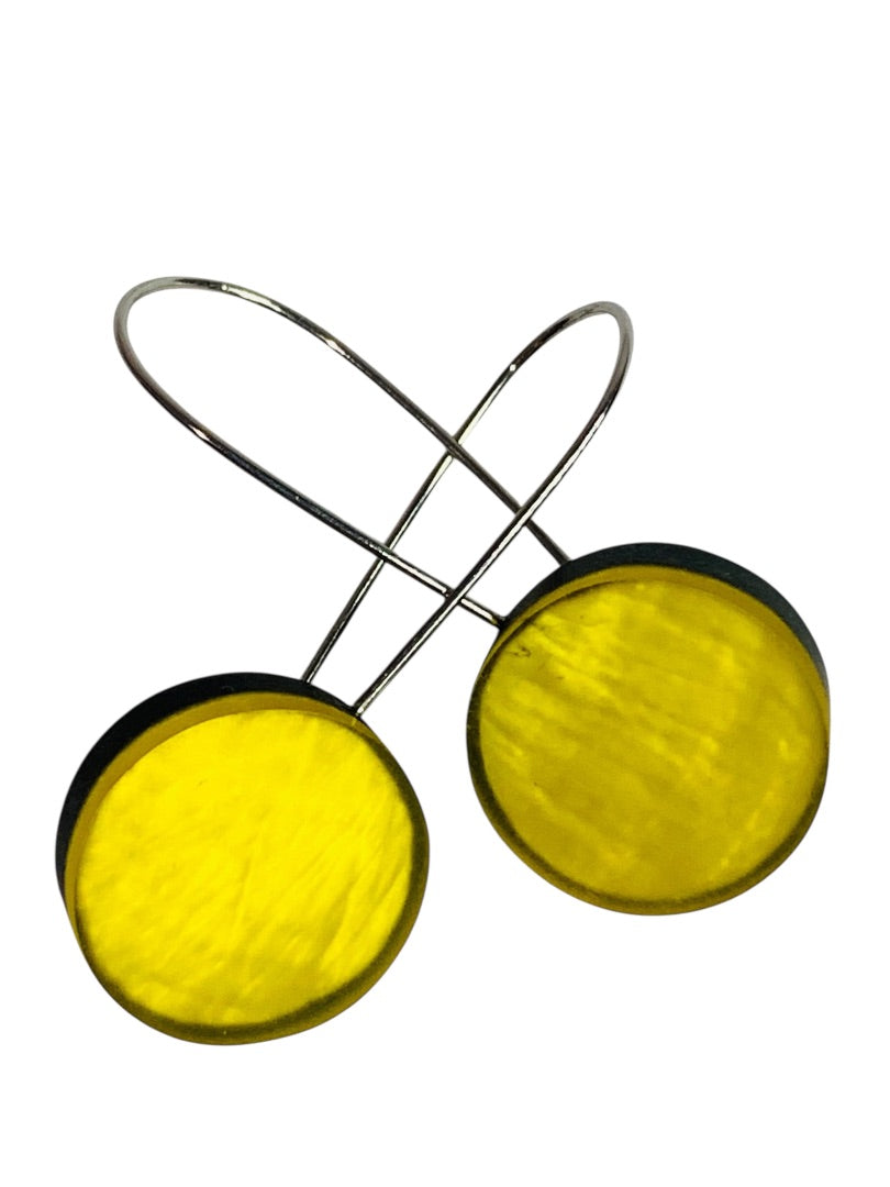 Yellow Black Wire Hook Pierced Earring Circle 1.5 Inch Drop Lightweight