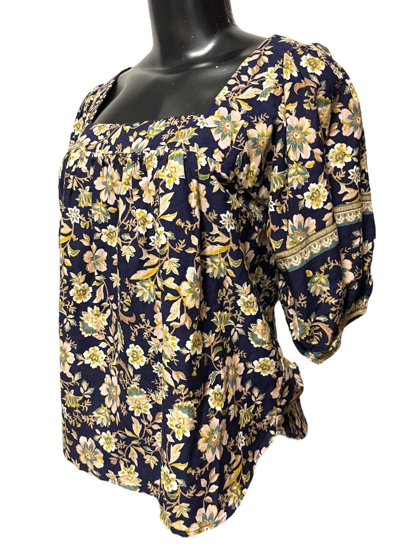 XS Roan + Ryan Square Neck Floral Short Sleeve Womens Shirt Boho