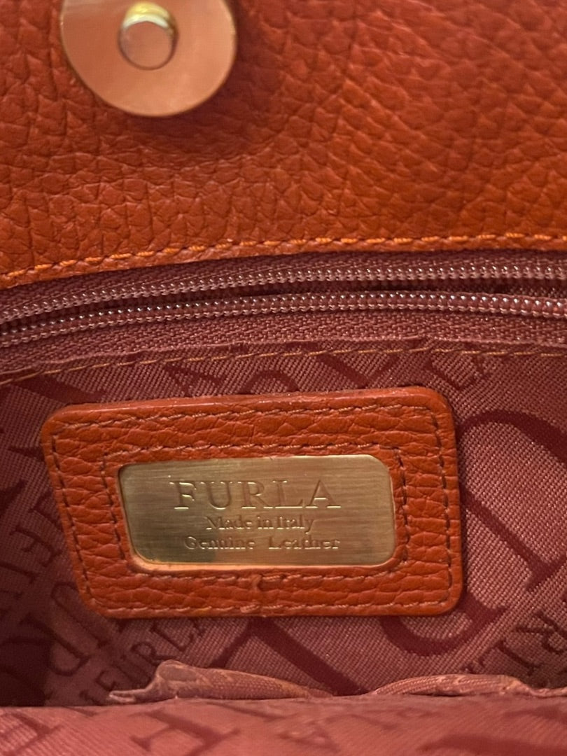 Furla Rust Pebbled Leather Handbag Satchel Shoulder Strap Italy