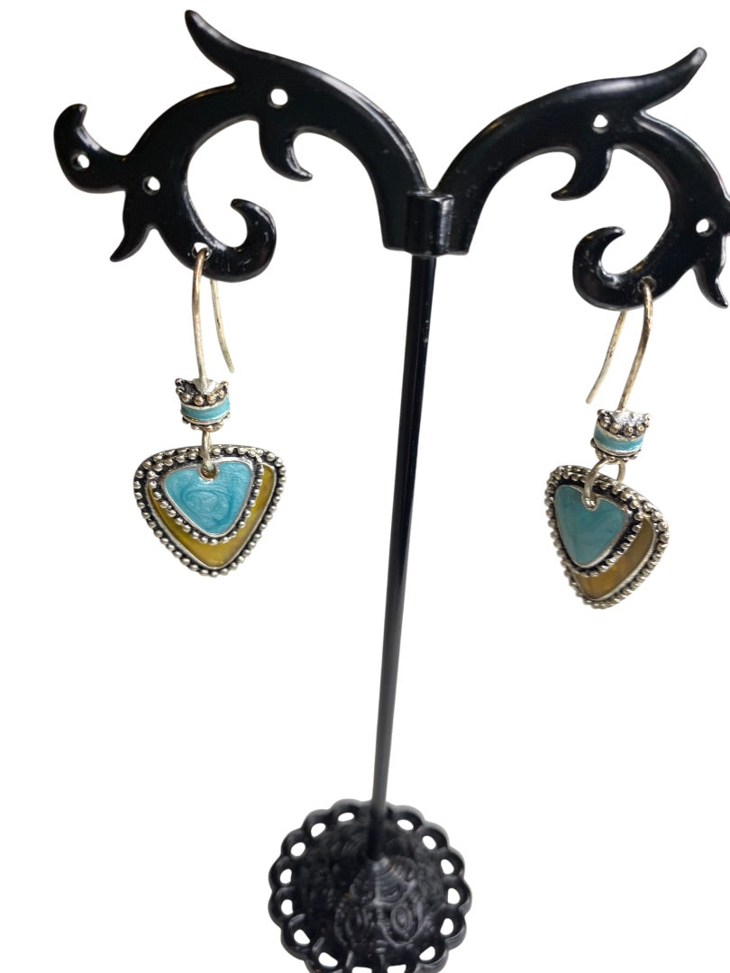 Silvertone Fishhook Earrings Triangular Shape Enameled 1.5" Drop