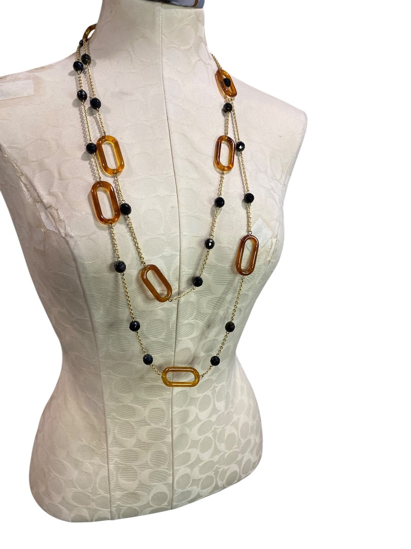 Goldtone Amber Color Black Beaded Necklace Long 70" Lobster Clasp