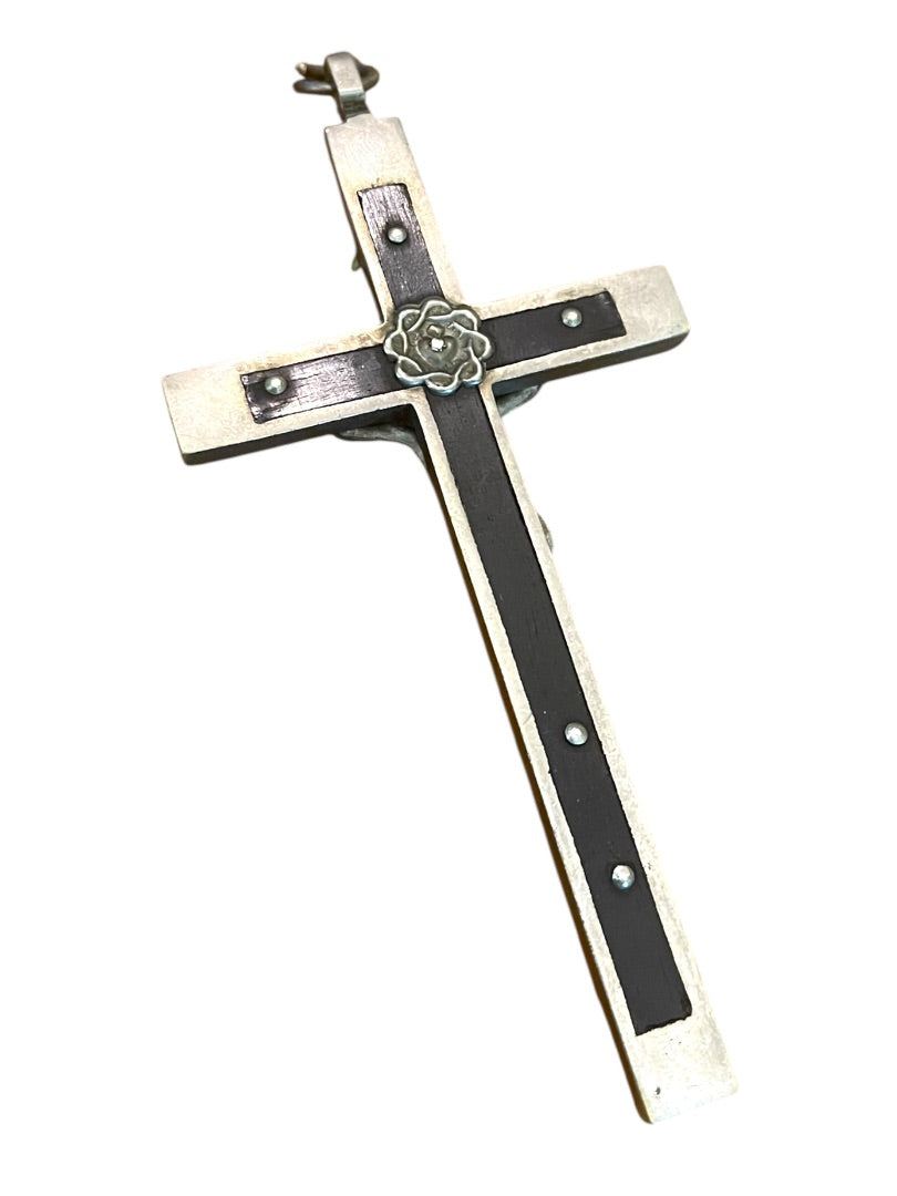 Antique Silvertone Crucifix with Skull and Crossbones Golgotha INRI Cross Convent 5.5"