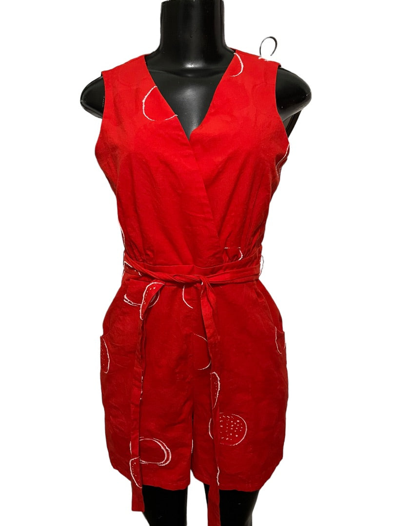 XS Eva Franco Anthropologie Women's Circle Print Romper Red Front Tie