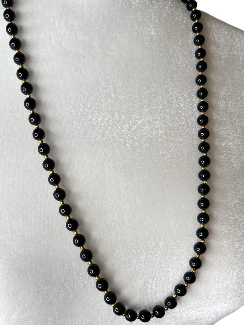 Black Round Beaded 18" Necklace Goldtone Spacers Lobster Clasp Strand String