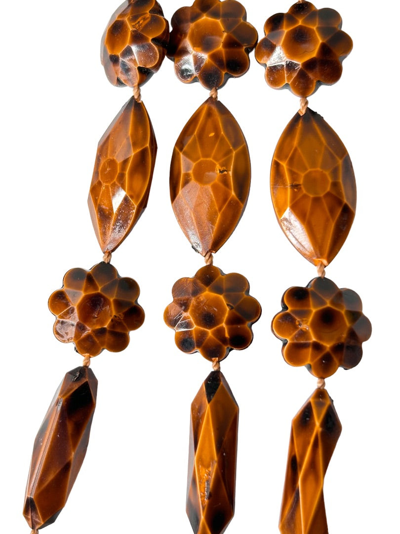 Plastic Wood Look Floral Faceted Beaded Necklace 29" Strand Boho Festival 1970s Vintage