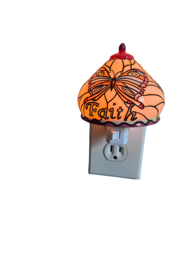 Butterfly Faith Night Light Russ Ceramic Faux Stained Glass Lamp Shade NEW
