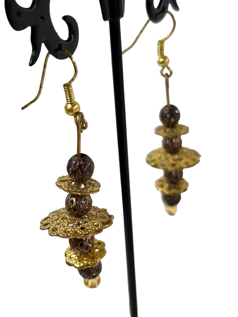 Vintage Goldtone Filigree Hook Pierced Earrings 2.25" Drop Dangle