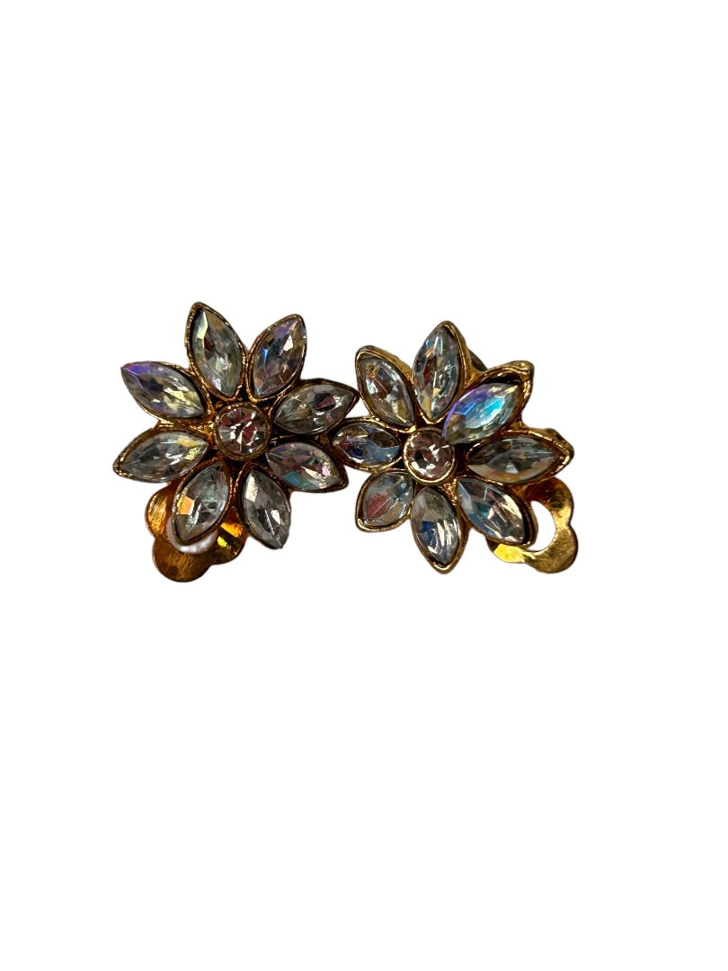 1990s Clip On Clear Crystal Flower Earrings 3/4" Diameter Non-Pierced Goldtone