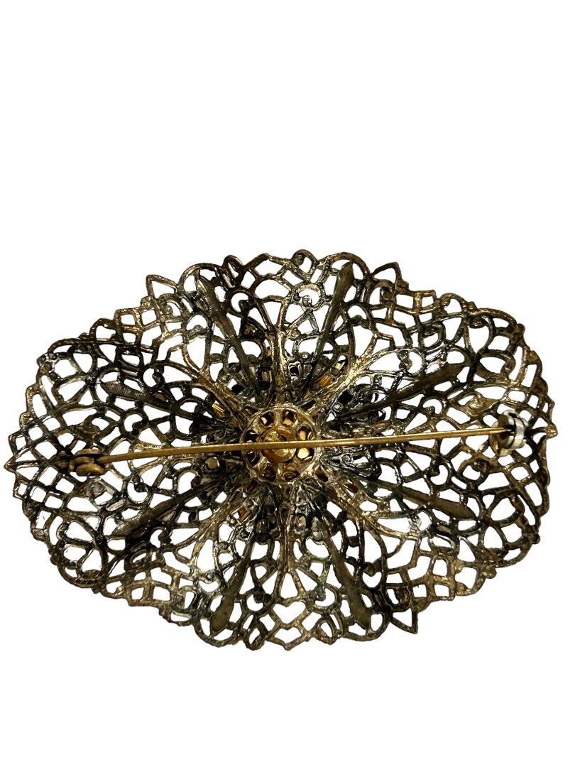 Vintage Oval Lacy Filigree Brass Color Brooch Statement Piece 2" x 2 3/4"