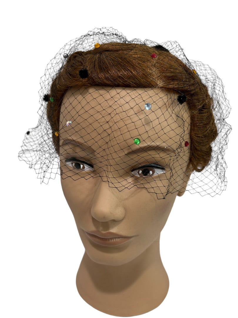 Black Velvet Hair Bow Veil Netting 1950s Vintage Bejeweled