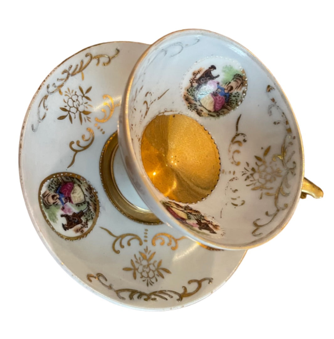 Porcelain with Gold Trim Footed Demitasse Cup and Saucer Set Maruei Courting Couple