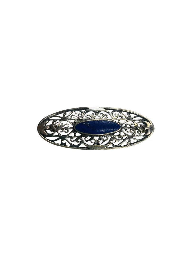 Signed Boma Sterling Silver Lapis Lazuli Fiigree Brooch Pin Vintage 1.75"