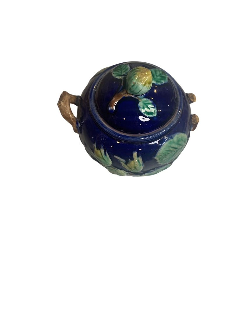 Foster Filbert Majolica Antique Sugar Bowl Lidded Damaged Cobalt Blue