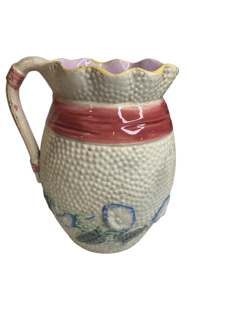 Majolica Pitcher Ribbon Pattern Antique 7.5 Inch Wildflower Ribbon