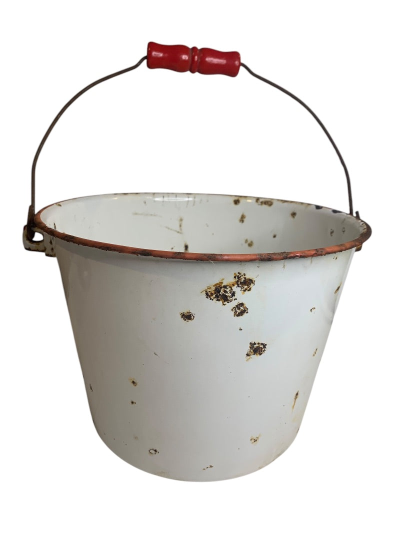 Porcelain Enamelware Snow-White Bucket Pail White Wooden Handle Sticker