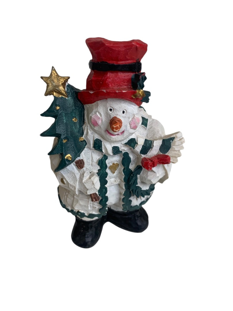 Snowman Holiday Christmas Figurine Resin Carved Look 4.5 Inch