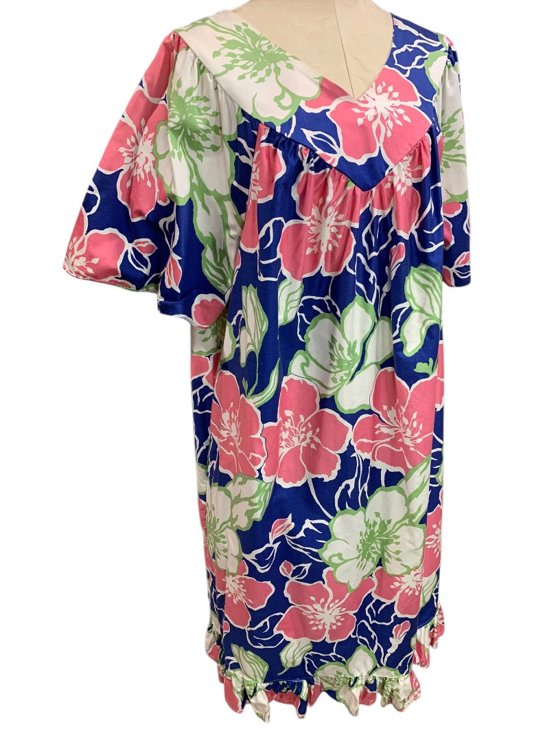 2X Sears 1970s Floral Pink Blue Dress Short Sleeve Cotton Shift