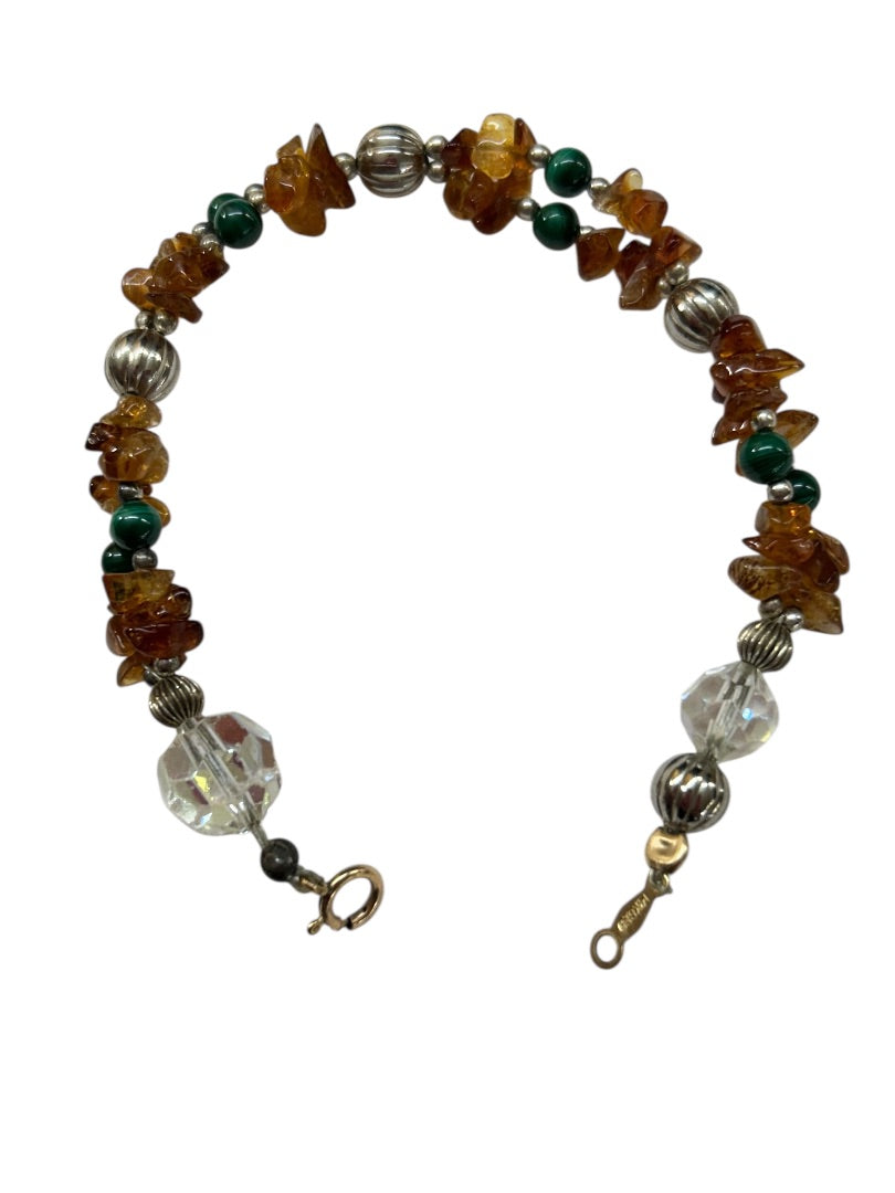 Dual Strand Beaded Braclelet 14K Gold Filled Amber Green 6.75" Spring Clasp