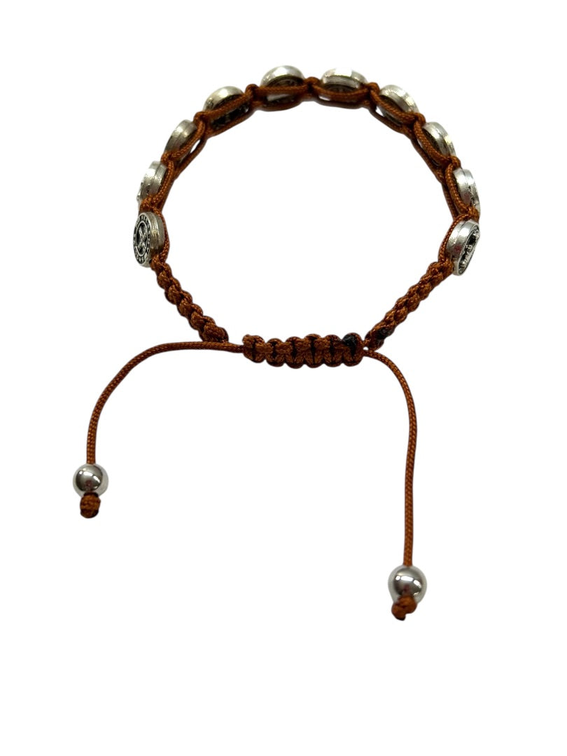 Brown St Saint Benedict Medal Silvertone 8" Adjustable Cord Bracelet