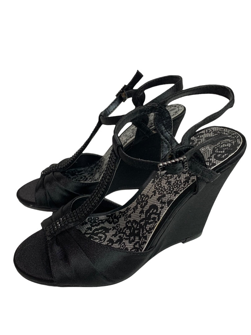 Size 6 Kenneth Cole Reaction Black Satin Embellished 4" Wedge Heel Shoes