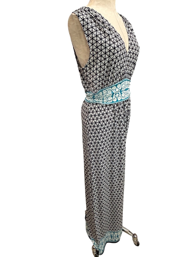 Medium Max Studio Sleeveless Print Maxi Dress V-Neck Navy Blue Teal V-Neck