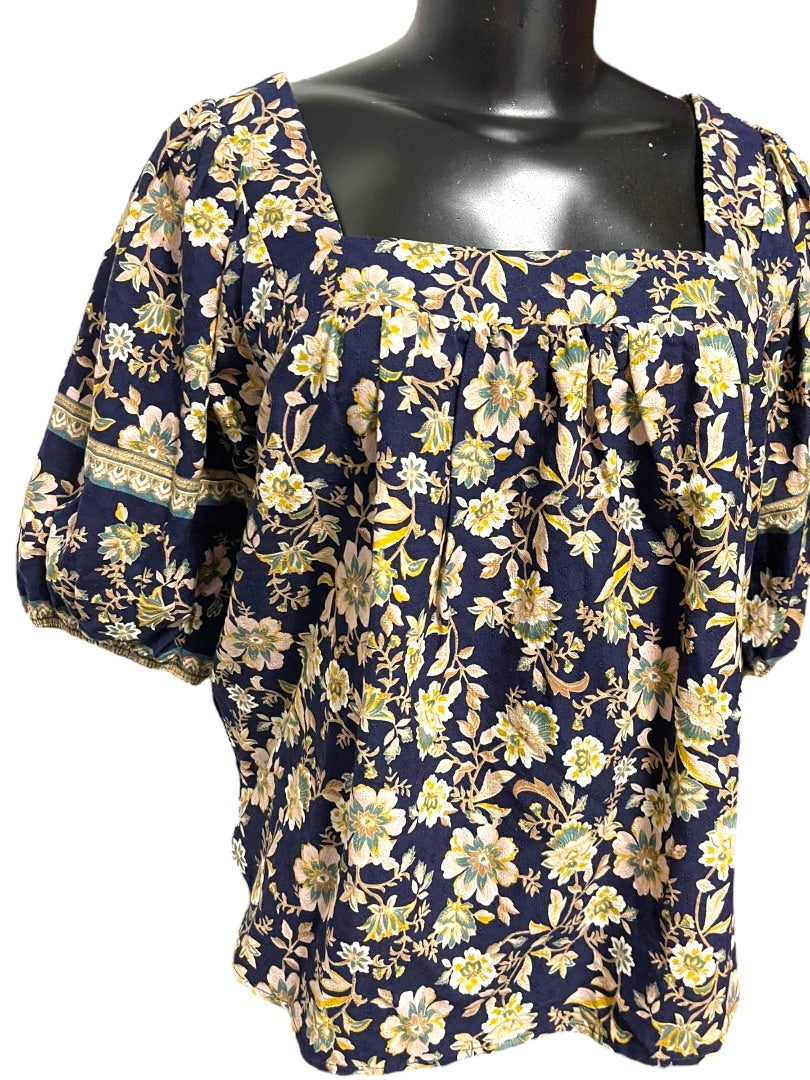 XS Roan + Ryan Square Neck Floral Short Sleeve Womens Shirt Boho