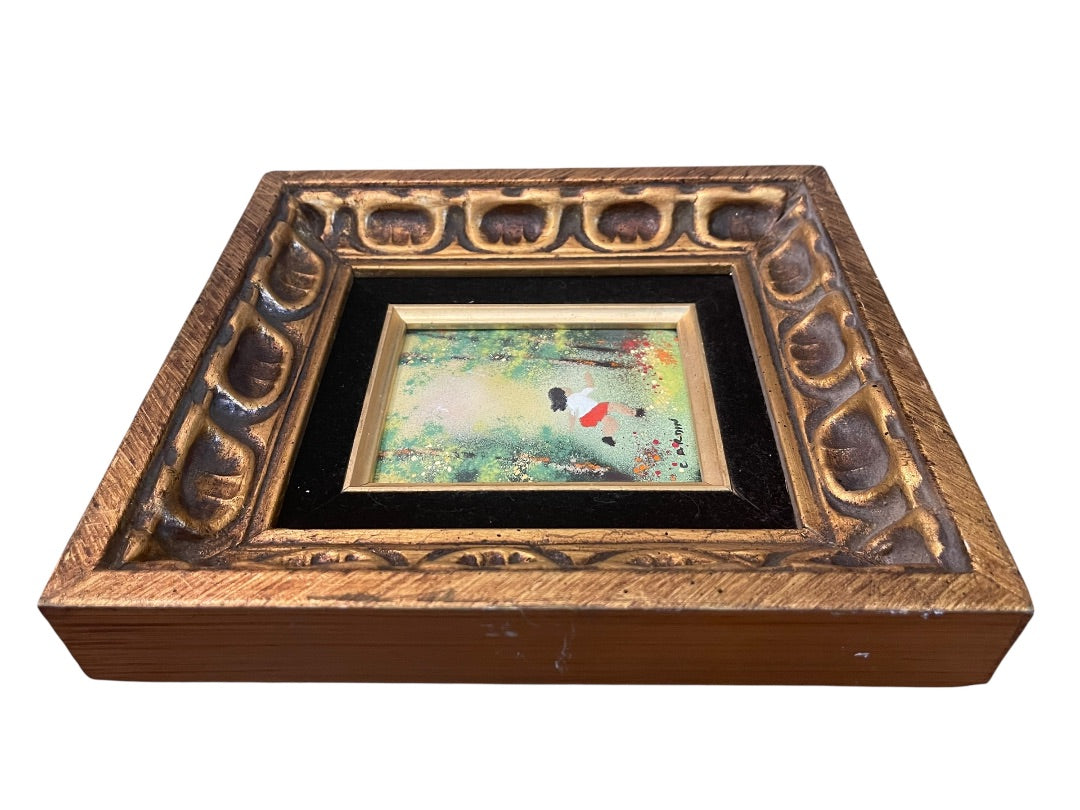 Vintage Louis Cardin Original Enamel on Copper Painting Girl Running 10" x 9"