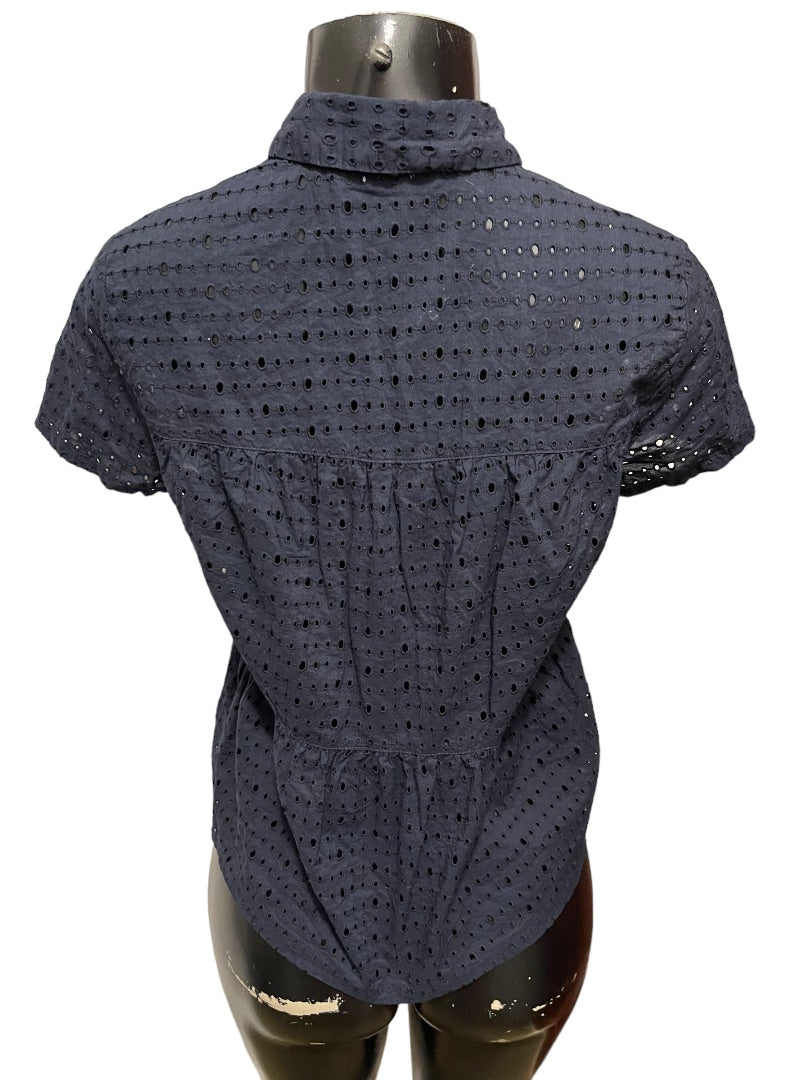 XS Madewell Women's Eyelet Short Sleeve Top Navy Blue Blouse