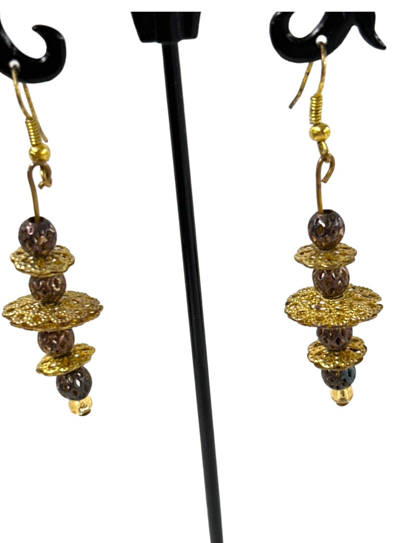 Vintage Goldtone Filigree Hook Pierced Earrings 2.25" Drop Dangle