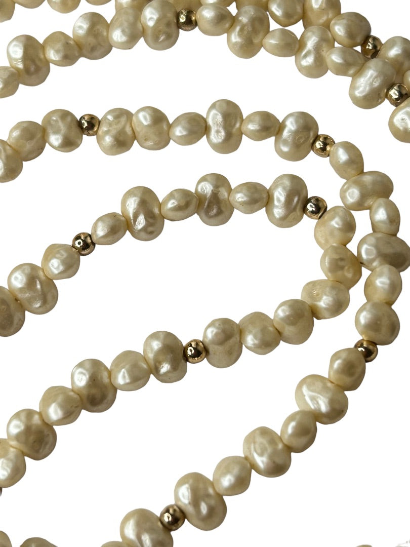 Faux Freshwater Pearl Beaded Necklace 34" Strand String Goldtone Spacers