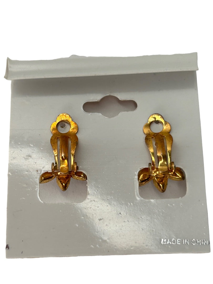 1990s Clip On Clear Crystal Flower Earrings 3/4" Diameter Non-Pierced Goldtone