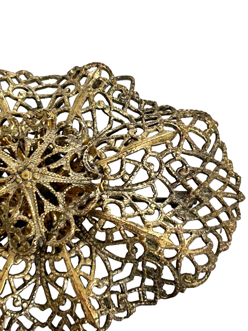 Vintage Oval Lacy Filigree Brass Color Brooch Statement Piece 2" x 2 3/4"