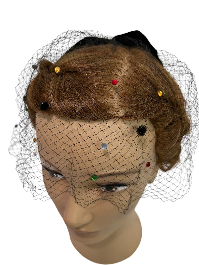 Black Velvet Hair Bow Veil Netting 1950s Vintage Bejeweled