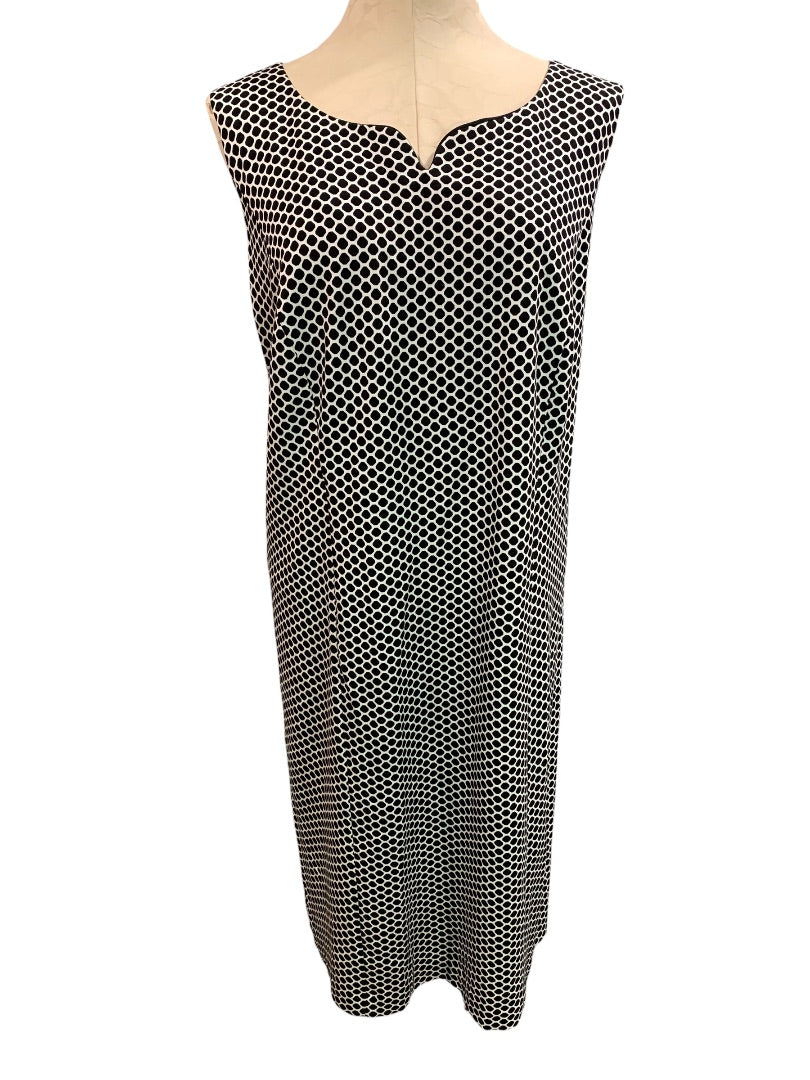 Size 16W Talbots Plus Geometric Print Sheath Dress Ponte Knit Sleeveless Black White